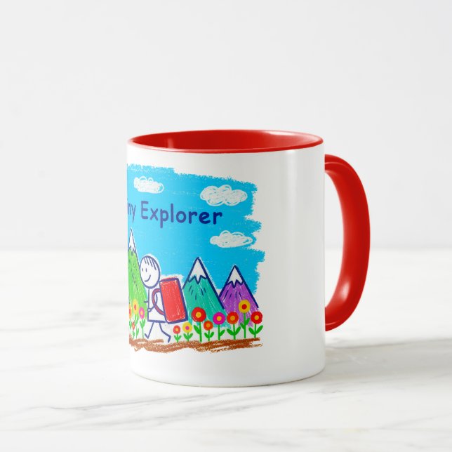 Tiny Explorer Stick Figure Hiking Illustration Mug (Front Right)