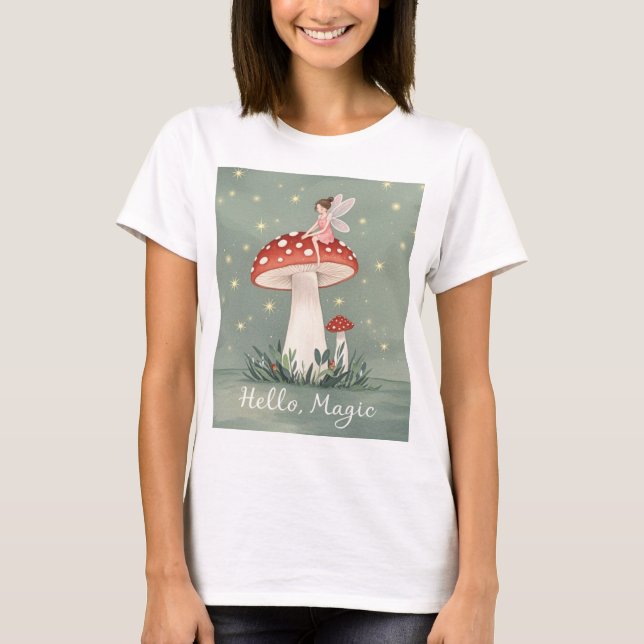 Tiny fairy perched on top of mushroom and glowing  (Front)