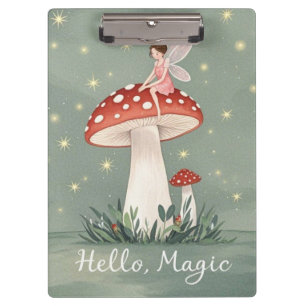 Tiny fairy perched on top of mushroom and glowing clipboard