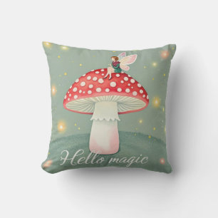 Tiny fairy perched on top of mushroom and glowing  cushion