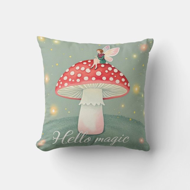 Tiny fairy perched on top of mushroom and glowing  cushion (Front)