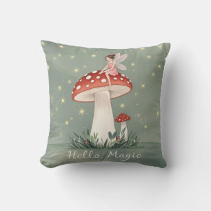 Tiny fairy perched on top of mushroom and glowing cushion