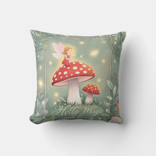 Tiny fairy perched on top of mushroom and glowing  cushion