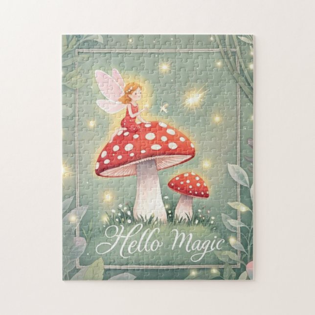 Tiny fairy perched on top of mushroom and glowing  jigsaw puzzle (Vertical)