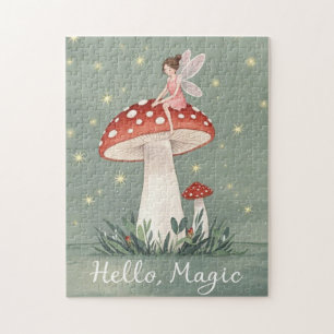 Tiny fairy perched on top of mushroom and glowing jigsaw puzzle