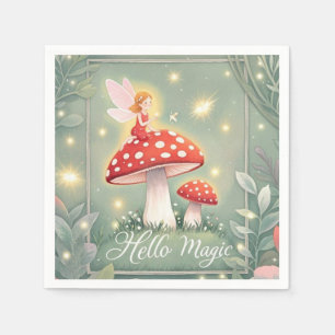 Tiny fairy perched on top of mushroom and glowing  napkin