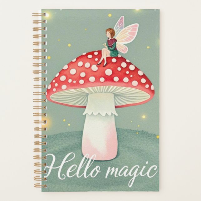 Tiny fairy perched on top of mushroom and glowing  planner (Front)