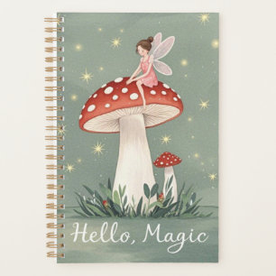 Tiny fairy perched on top of mushroom and glowing  planner