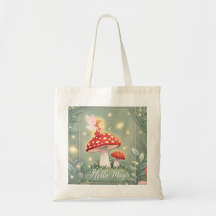 Tiny fairy perched on top of mushroom and glowing tote bag
