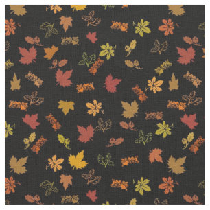 Tiny Fall or Autumn Leaves on Black Fabric