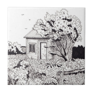 Tiny Farmhouse Botanical Garden Pen Ink Drawing Ceramic Tile