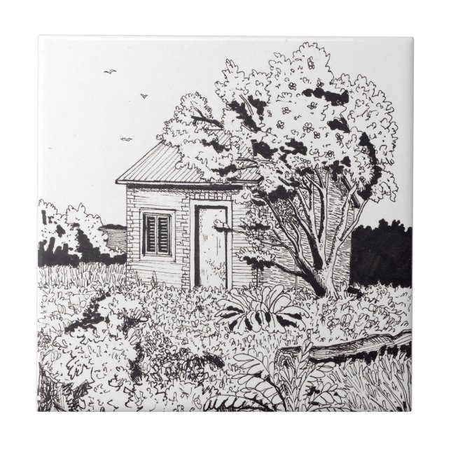 Tiny Farmhouse Botanical Garden Pen Ink Drawing Ceramic Tile (Front)