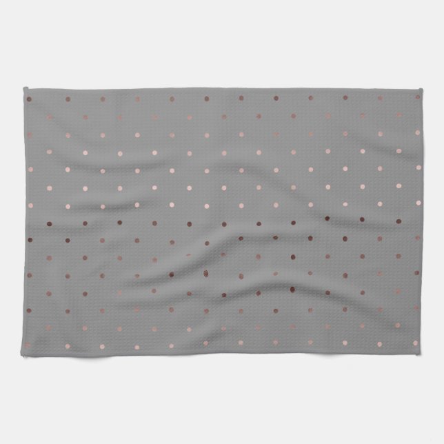 tiny faux rose gold grey polka dots pattern tea towel (Horizontal)