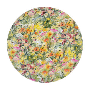 Tiny Flowers Field: Bright Watercolor. Cutting Board