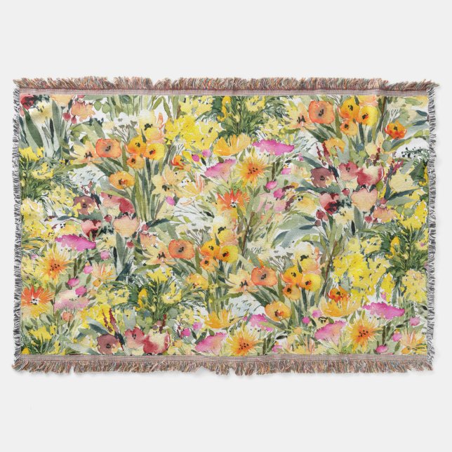 Tiny Flowers Field: Bright Watercolor. Throw Blanket (Front)