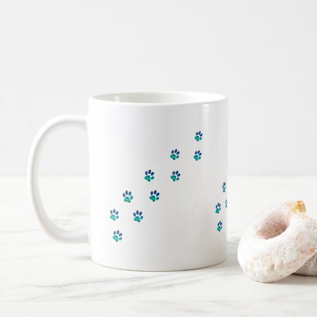 Tiny Funny Dog Pawprints Footprints Coffee Mug (With Donut)