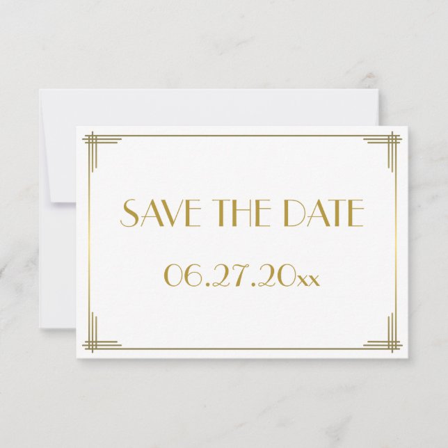 Tiny Gatsby Gold Art Deco Save The Date Card (Front)