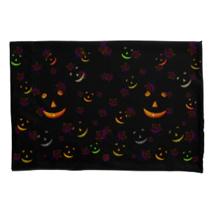 Tiny Ghosts and Neon Pumpkin Smiles Halloween Nigh Pillowcase