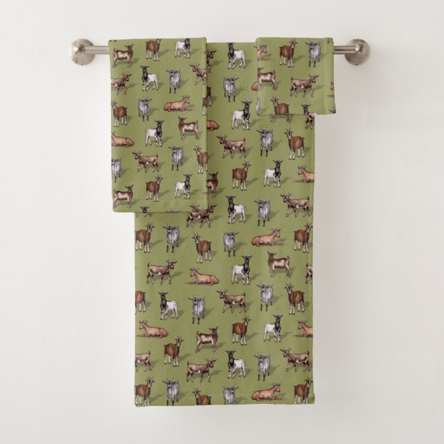 Tiny Goats on Green - Goat Herd Pattern Bath Towel Set (Insitu)