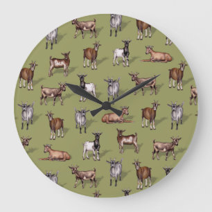 Tiny Goats on Green - Goat Herd Pattern Large Clock