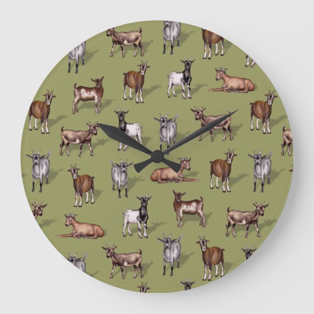 Tiny Goats on Green - Goat Herd Pattern Large Clock (Front)