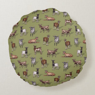 Tiny Goats on Green - Goat Herd Pattern Round Cushion