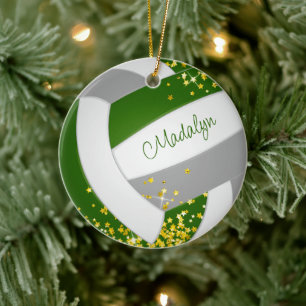 tiny gold stars accent green grey volleyball ceramic ornament