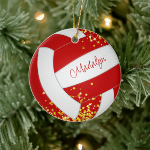 tiny gold stars red volleyball commemorative year ceramic ornament