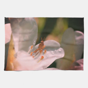 Tiny Grasshopper On White Azalea Flower Tea Towel