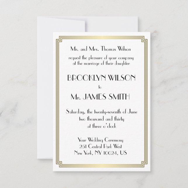 Tiny Great Gatsby Art Deco Gold Wedding Invites (Front)