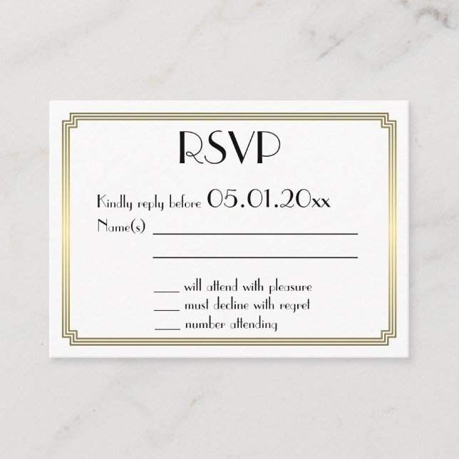 Tiny Great Gatsby Art Deco Gold White Wedding RSVP Enclosure Card (Front)