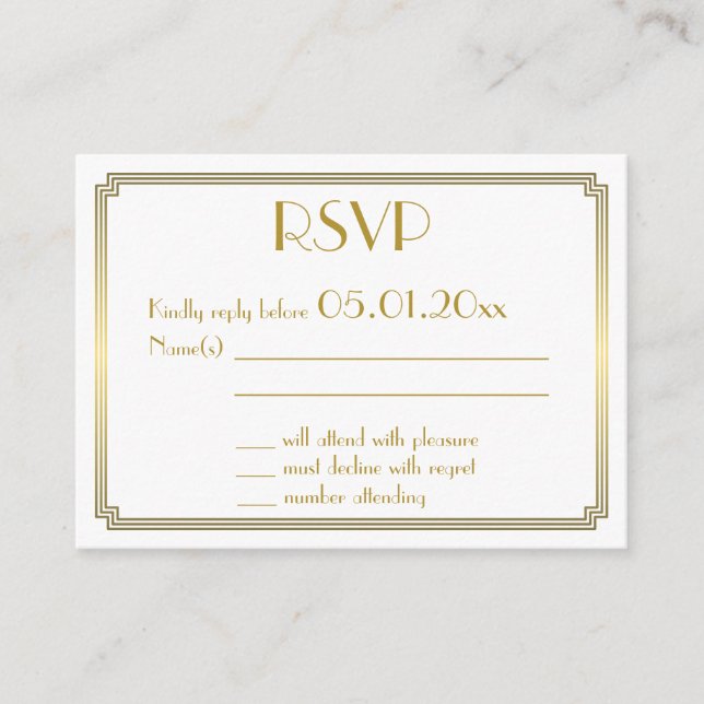 Tiny Great Gatsby Art Deco White Gold Wedding RSVP Enclosure Card (Front)