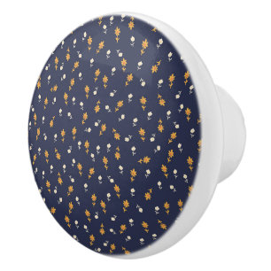 Tiny hand-drawn flowers on navy background ceramic knob