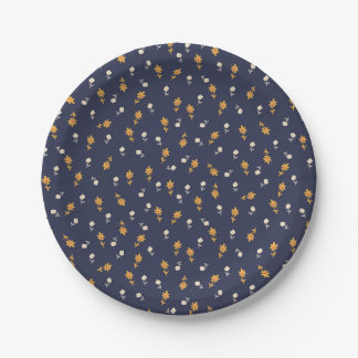 Tiny Hand-drawn Flowers on Navy Background Paper Plate
