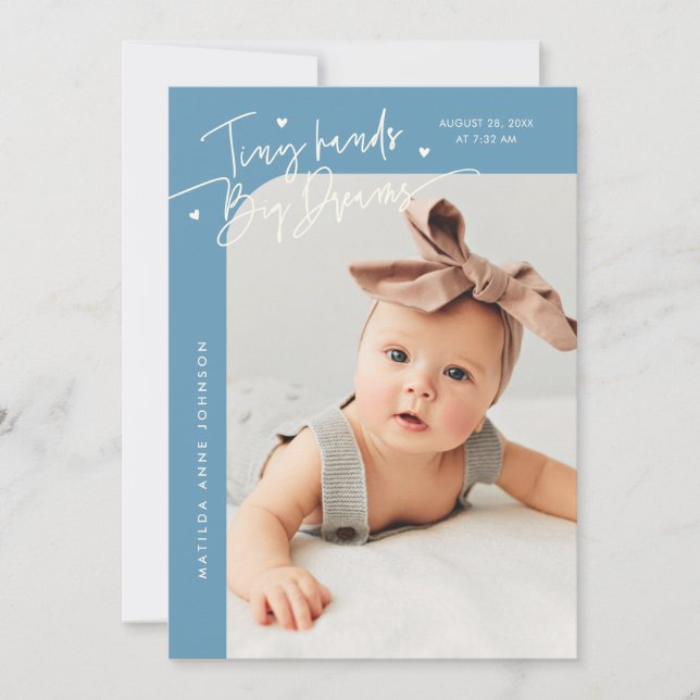 Tiny Hands Big Dreams Script Denim Blue Birth Announcement (Front)