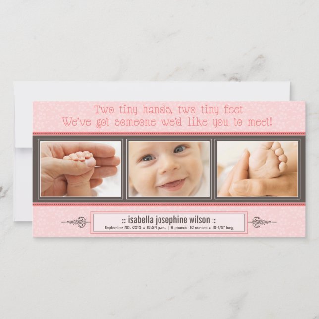 Tiny Hands, Tiny Feet Birth Announcement (pink) (Front)