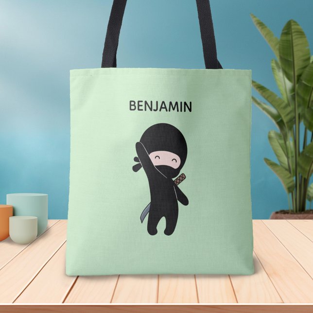 Tiny Happy Ninja Custom Name on Green Tote Bag (Creator Uploaded)