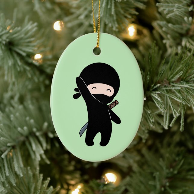 Tiny Happy Ninja on Green Ceramic Ornament (Tree)
