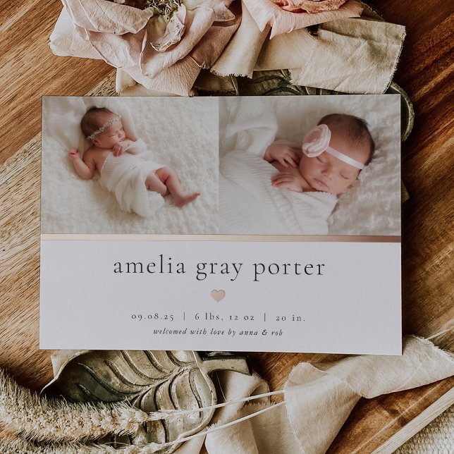 Tiny Heart | Two Photo Foil Birth Announcement (Creator Uploaded)