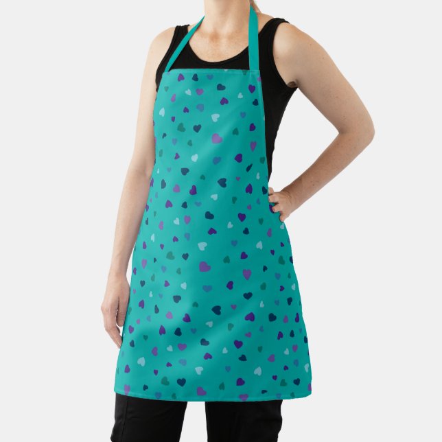 Tiny Hearts, Purple, Teal, Blue on Turquoise Apron (Insitu)