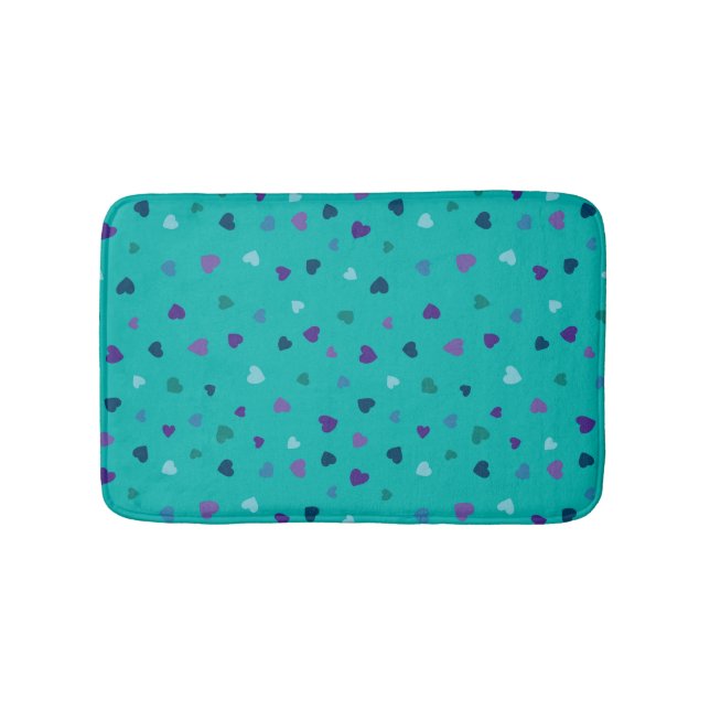 Tiny Hearts, Purple, Teal, Blue on Turquoise Bath Mat (Front)