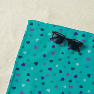Tiny Hearts, Purple, Teal, Blue on Turquoise Beach Towel
