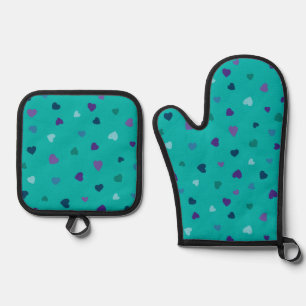 Tiny Hearts, Purple, Teal, Blue on Turquoise Oven Mitt & Pot Holder Set