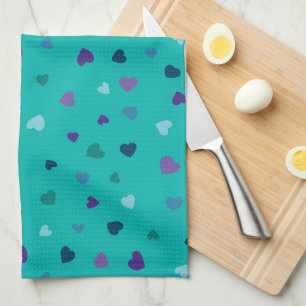 Tiny Hearts, Purple, Teal, Blue on Turquoise Tea Towel