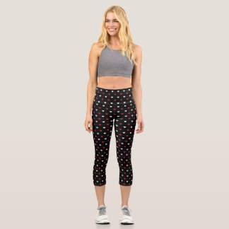 Tiny Hearts Red and White Black Background Pattern Capri Leggings