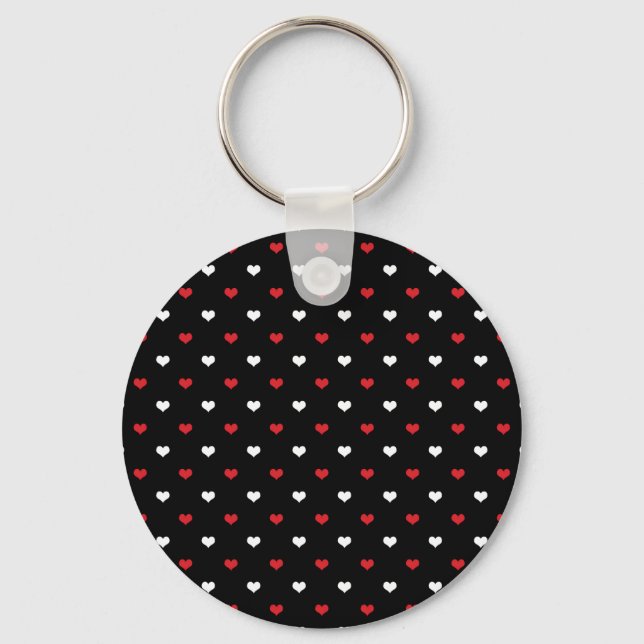 Tiny Hearts Red and White Black Background Pattern Key Ring (Front)