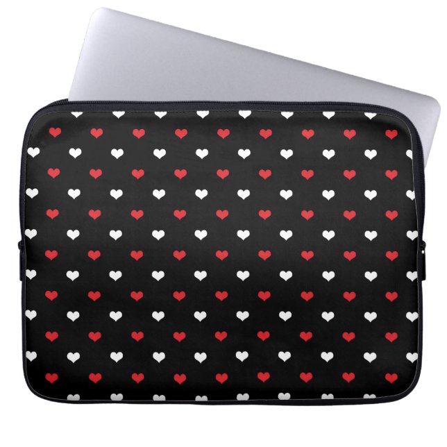 Tiny Hearts Red and White Black Background Pattern Laptop Sleeve (Front)