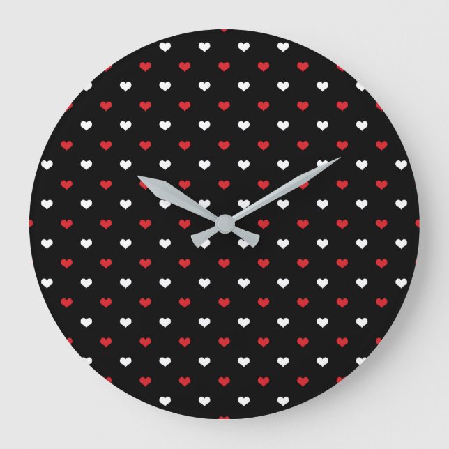 Tiny Hearts Red and White Black Background Pattern Large Clock (Front)
