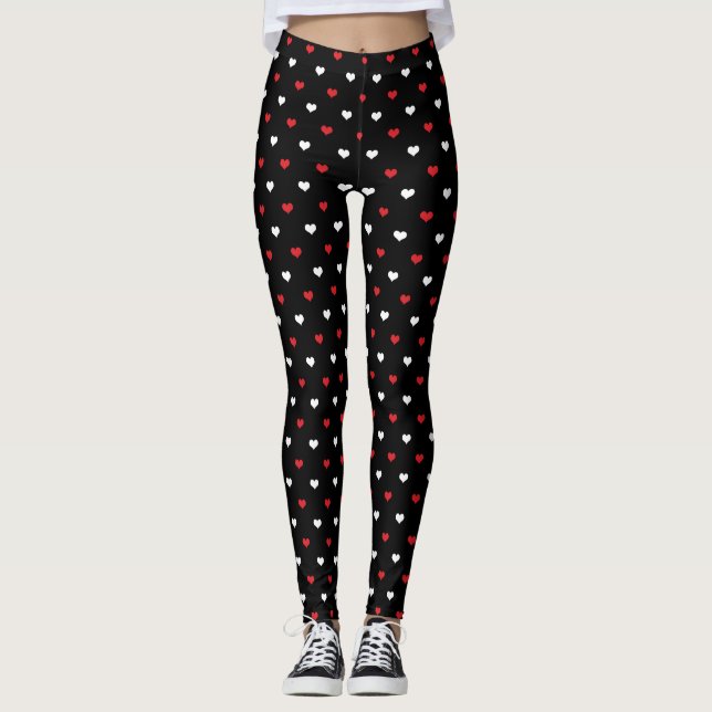 Tiny Hearts Red and White Black Background Pattern Leggings (Front)