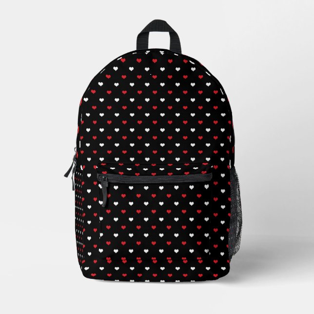 Tiny Hearts Red and White Black Background Pattern Printed Backpack (Front)